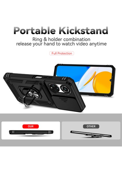 Honor X7 Için Halka Ayaklı ve Kayar Kamera Kapaklı Telefon Kılıf - Siyah (Yurt Dışından)