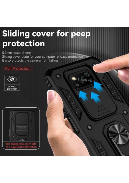 Xiaomi Poco X3 Nfc / X3 Pro Için Halka Ayaklı ve Kayar Kamera Kapaklı Telefon Kılıf - Siyah (Yurt Dışından)
