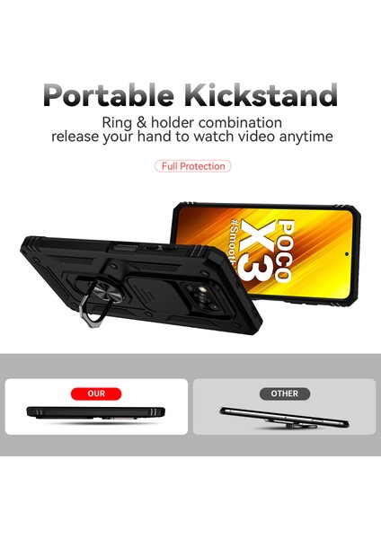 Xiaomi Poco X3 Nfc / X3 Pro Için Halka Ayaklı ve Kayar Kamera Kapaklı Telefon Kılıf - Siyah (Yurt Dışından)