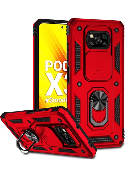 Xiaomi Poco X3 Nfc / X3 Pro Için Halka Ayaklı ve Kayar Kamera Kapaklı Telefon Kılıf - Kırmızı (Yurt Dışından)