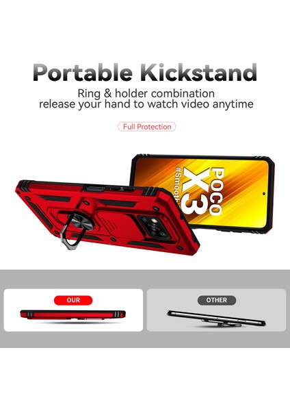 Xiaomi Poco X3 Nfc / X3 Pro Için Halka Ayaklı ve Kayar Kamera Kapaklı Telefon Kılıf - Kırmızı (Yurt Dışından)