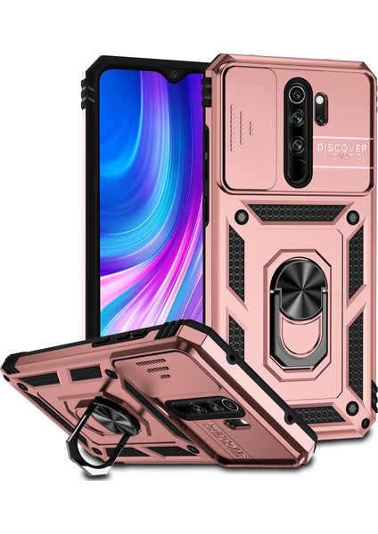 Xiaomi Redmi Note 8 Pro Için Halka Ayaklı ve Kayar Kamera Kapaklı Telefon Kılıf - Rose Gold (Yurt Dışından)