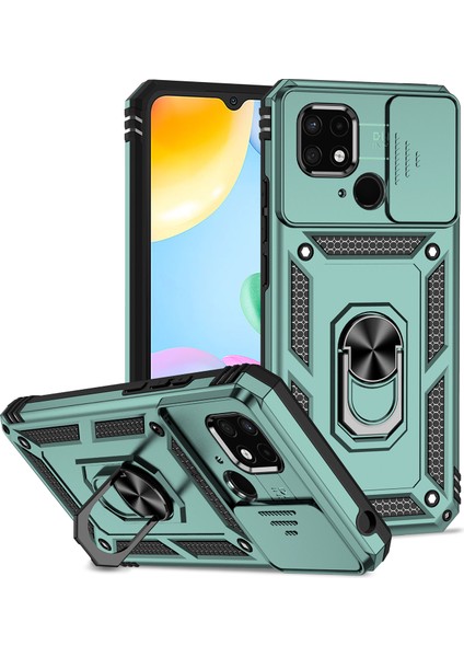 Xiaomi Redmi 10C Için Halka Ayaklı ve Kayar Kamera Kapaklı Telefon Kılıf - Yeşil (Yurt Dışından)
