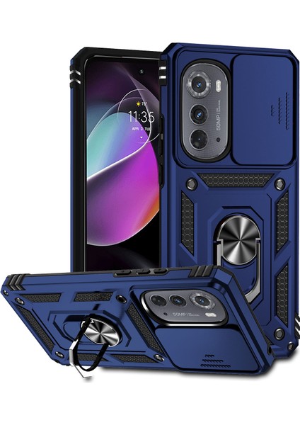 Motorola Edge 2022 Için Halka Ayaklı ve Kayar Kamera Kapaklı Telefon Kılıf - Mavi (Yurt Dışından)