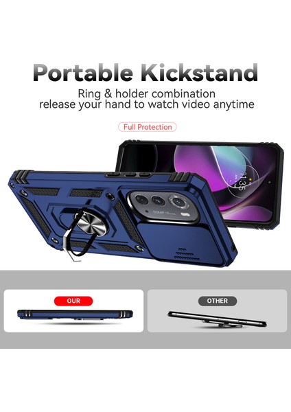 Motorola Edge 2022 Için Halka Ayaklı ve Kayar Kamera Kapaklı Telefon Kılıf - Mavi (Yurt Dışından) indirimleri