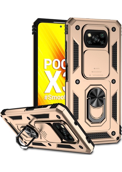 Xiaomi Poco X3 Nfc / X3 Pro Için Halka Ayaklı ve Kayar Kamera Kapaklı Telefon Kılıf - Altın (Yurt Dışından)