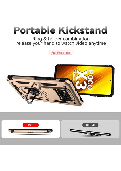 Xiaomi Poco X3 Nfc / X3 Pro Için Halka Ayaklı ve Kayar Kamera Kapaklı Telefon Kılıf - Altın (Yurt Dışından)