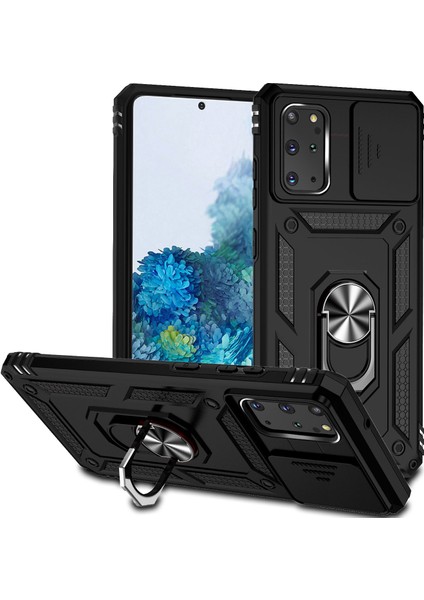 Samsung Galaxy S20 Plus Için Halka Ayaklı ve Kayar Kamera Kapaklı Telefon Kılıf - Siyah (Yurt Dışından)