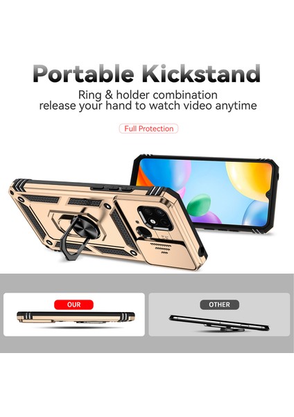 Xiaomi Redmi 10C Için Halka Ayaklı ve Kayar Kamera Kapaklı Telefon Kılıf - Altın (Yurt Dışından)