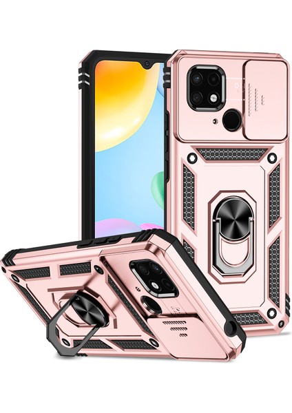 Xiaomi Redmi 10C Için Halka Ayaklı ve Kayar Kamera Kapaklı Telefon Kılıf - Rose Gold (Yurt Dışından)
