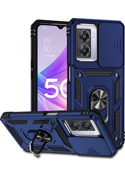 Oppo A57 4g/5g 2022/A77 5g 2022/REALME V23/NARZO 50 5g Için Halka Ayaklı ve Kayar Kamera Kapaklı Telefon Kılıf - Mavi (Yurt Dışından)