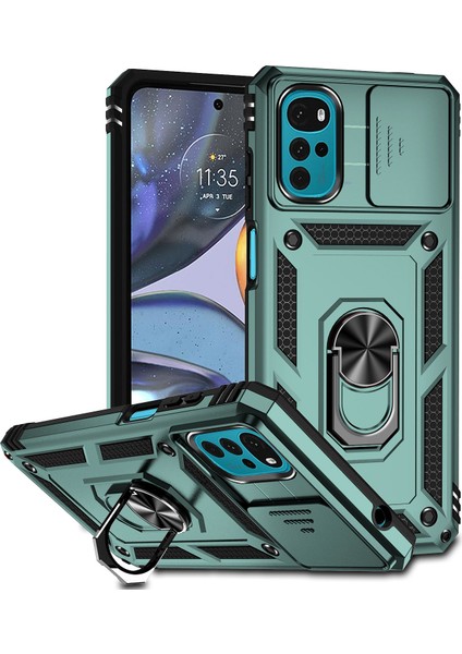 Motorola Moto G22 2022 Için Halka Ayaklı ve Kayar Kamera Kapaklı Telefon Kılıf - Yeşil (Yurt Dışından)