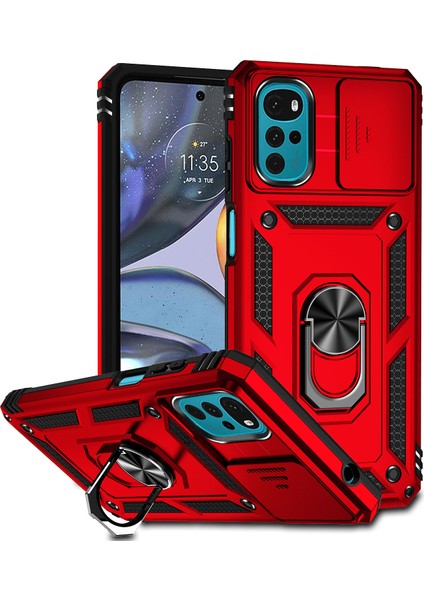 Motorola Moto G22 2022 Için Halka Ayaklı ve Kayar Kamera Kapaklı Telefon Kılıf - Kırmızı (Yurt Dışından)