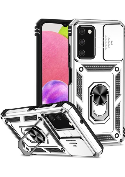 Samsung Galaxy A03S Için Halka Ayaklı ve Kayar Kamera Kapaklı Telefon Kılıf - Gümüş (Yurt Dışından)