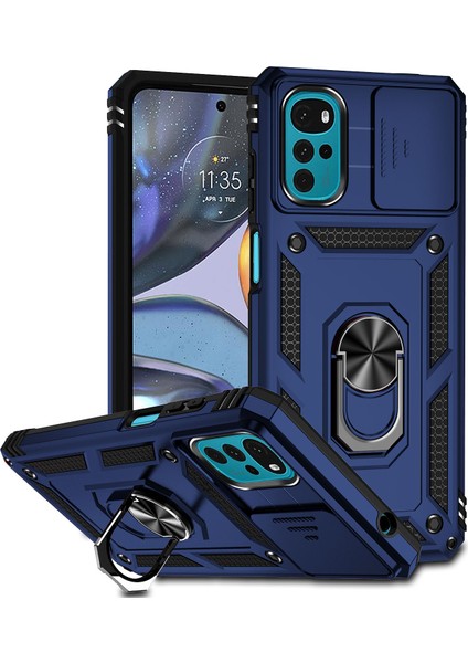 Motorola Moto G22 2022 Için Halka Ayaklı ve Kayar Kamera Kapaklı Telefon Kılıf - Mavi (Yurt Dışından)
