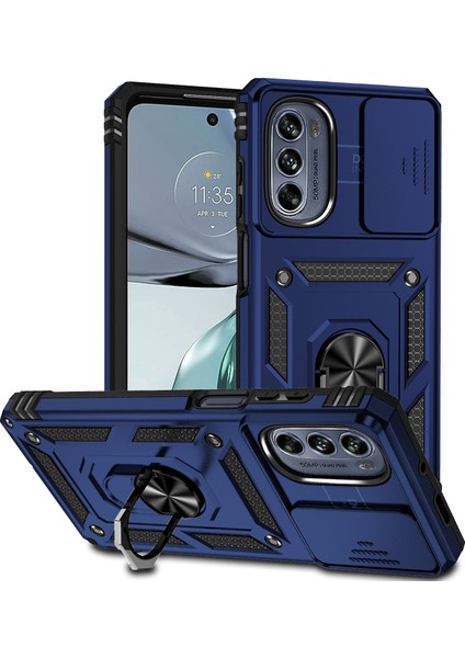 Motorola Moto G62 5g Için Halka Ayaklı ve Kayar Kamera Kapaklı Telefon Kılıf - Mavi (Yurt Dışından)