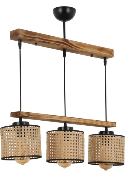 David 3 Lü Sıralı Rattan Abajurlu Sarkıt
