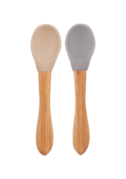 Silikon Mama Kaşığı 2li Bambu Saplı 9+ Ay Bubble Beige - Powder Grey