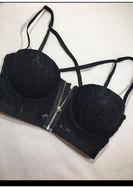 Kadın Siyah Fermuarlı Yarım Dolgulu Büstiyer modelleri