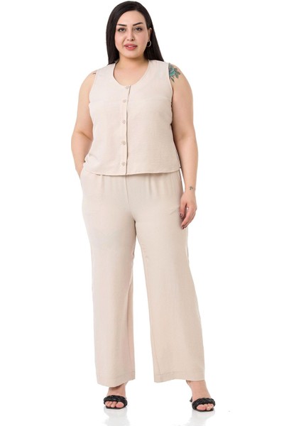 Büyük Beden Bluz Pantolon Aerobin Bej Takım