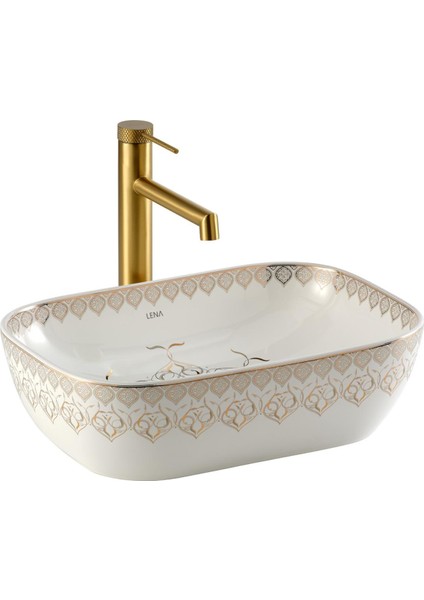 EY-7033 Tezgah Üstü Lavabo Beyaz & Altın