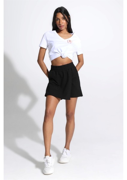 Fancy Kadın Beli Lastikli Cepli Basic Siyah Şort Etek