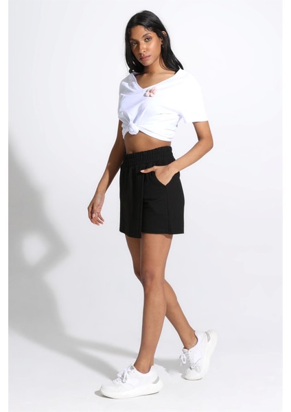 Fancy Kadın Beli Lastikli Cepli Basic Siyah Şort Etek