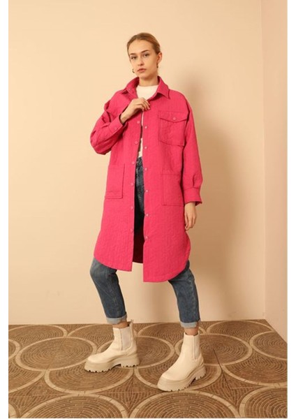 Jakar Kumaş Geometrik Desen Uzun Kadın Oversize Gömlek-Fuşya modelleri