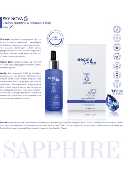 Safir Sky Nova & Aydınlatıcı Serum 30 ml Niacinamide 10% + Zinc PCA + Hamamelis Virginia Extract + Safir Powder