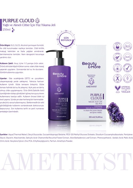 Ametist Purple Cloud Yağlı ve Akneli Ciltler Için Yüz Yıkama Jeli 250 ml Salicylic Acid 1,5% + Zinc PCA+ Ametist Powder