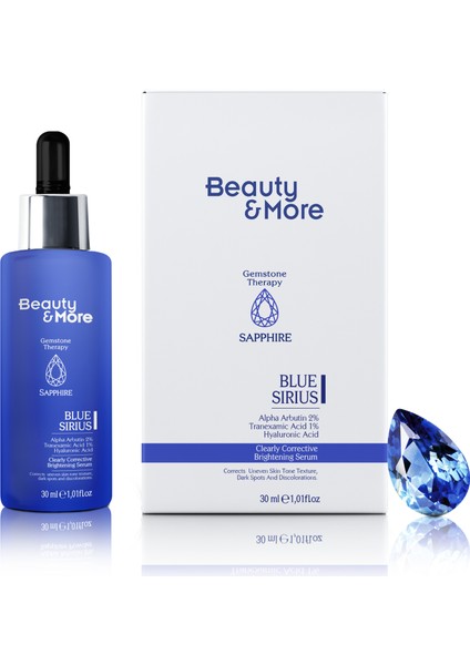 Safir Blue Sirius Aydınlatıcı & Leke Karşıtı Serum 30 ml Alpha Arbutin 2% + Tranexamic Acid 1% + Hyaluronic Acid + Safir Powder