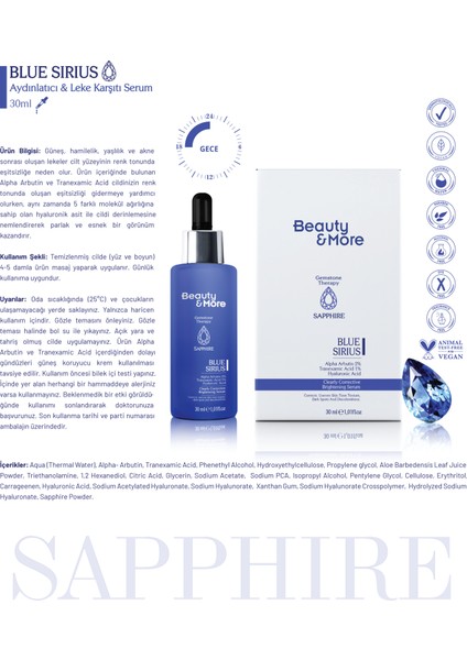 Safir Blue Sirius Aydınlatıcı & Leke Karşıtı Serum 30 ml Alpha Arbutin 2% + Tranexamic Acid 1% + Hyaluronic Acid + Safir Powder