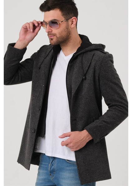 PLT8406 Dewberry Erkek Palto-Desenli Siyah Antrasit
