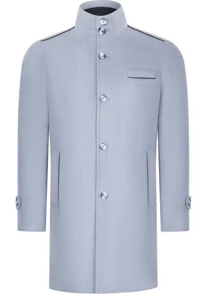 Erkek Palto Açık Gri Yün ve Polyester Karışımı Uzun Kol Düz Desenli