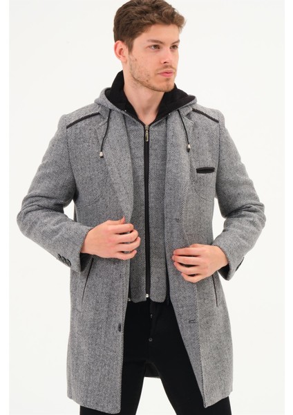 Erkek Palto %70 Yün %30 Polyester Uzun Kol Midi Siyah-Gri Desenli fırsatları