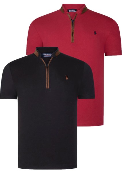 Ikili Set T8571 Dewberry Fermuarlı Erkek T-Shırt-Siyah-Bordo