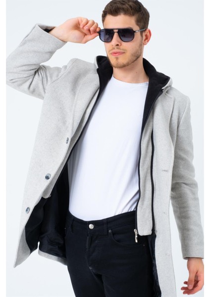 Battal Palto Desenli Bej Uzun Kollu %70 Yün %30 Polyester Erkek Midi Kaban