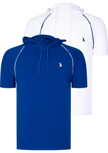 Ikili Set T8570 Dewberry Kapşonlu Erkek T-Shırt-Beyaz-Saks