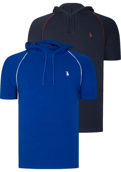 Ikili Set T8570 Dewberry Kapşonlu Erkek T-Shırt-Lacivert- Sax