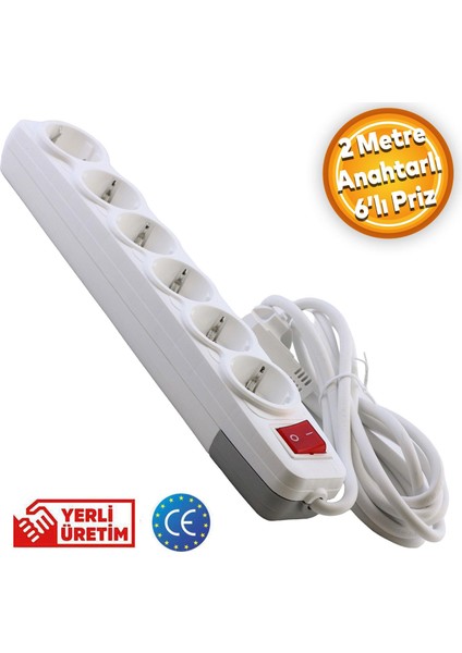 Grup Priz 6'lı Altı Gözlü Anahtarlı Topraklı 2 Metre Seyyar Ara Kablolu Uzatma Kablolusu Altılı Piriz Kablo