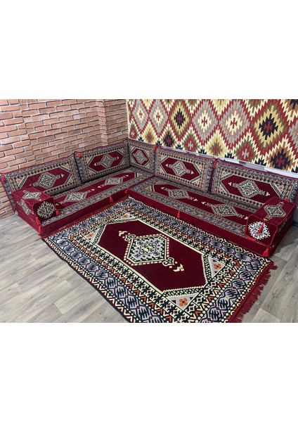 Şark Köşesi Saraylı Desenli Minder, 120x180cm Kilim Takımı Konsept Bordo