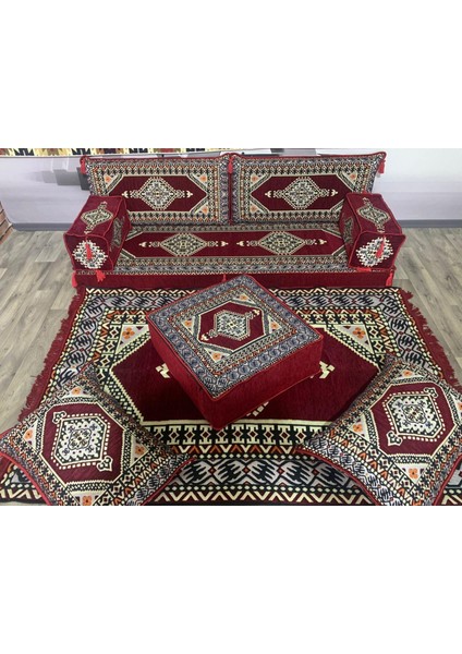 Şark Köşesi Saraylı Desenli Minder, Kilim, Orta Puf Konsept 9 Parça Bordo