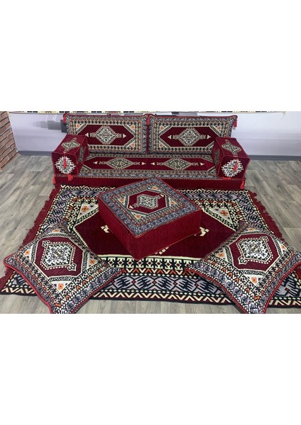 Şark Köşesi Saraylı Desenli Minder, Kilim, Orta Puf Konsept 9 Parça Bordo