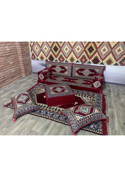Şark Köşesi Saraylı Desenli Minder, Kilim, Orta Puf Konsept 9 Parça Bordo
