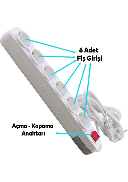 Grup Priz 6'lı Altı Gözlü Anahtarlı Topraklı 3 Metre Seyyar Ara Kablolu Uzatma Kablolusu Altılı Piriz Kablo