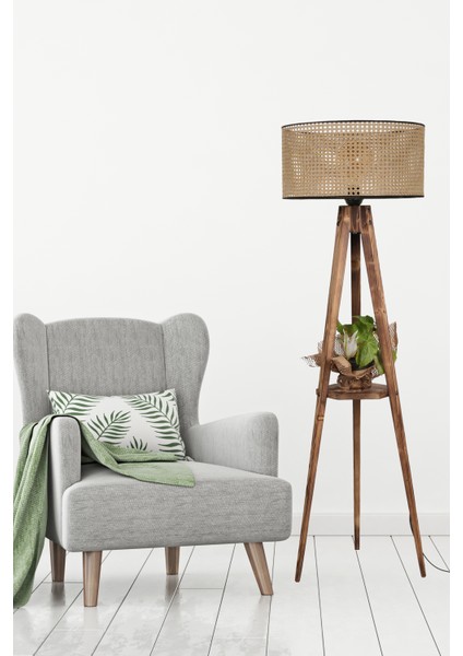 Sehbalı Tripod Lambader Silindir Rattan Abajurlu