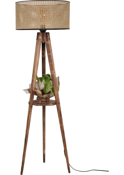 Sehbalı Tripod Lambader Silindir Rattan Abajurlu