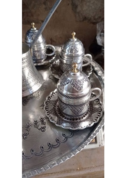Bakır Üzüm Motifli Kahve Fincan Seti Beyaz