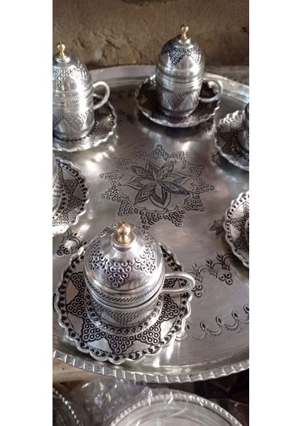 Bakır Üzüm Motifli Kahve Fincan Seti Beyaz