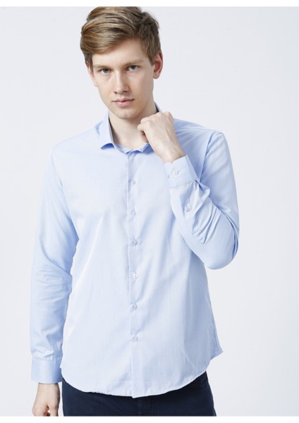 GM2024700271 Klasik Yaka Slim Fit Armürlü Mavi Erkek Gömlek